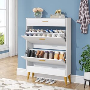 Tribesigns Shoe Cabinet, White Slim Shoe Storage Cabinet for Entryway, Modern 16 Pair Thin Shoe Rack Organizer with 2 Flip Drawers