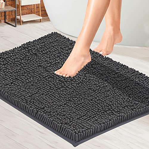 Soft Plush Chenille Bathroom Rug, Absorbent Microfiber Bath Mat, Machine Washable, Non-Slip Grip, Quick-Dry, Thick Shag Carpet Great for Bath, Shower Floor, Bedroom, or Door Mat (Charcoal Gray, 17x24)