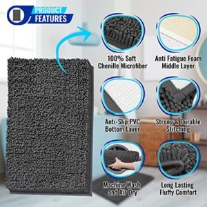 Soft Plush Chenille Bathroom Rug, Absorbent Microfiber Bath Mat, Machine Washable, Non-Slip Grip, Quick-Dry, Thick Shag Carpet Great for Bath, Shower Floor, Bedroom, or Door Mat (Charcoal Gray, 17x24)