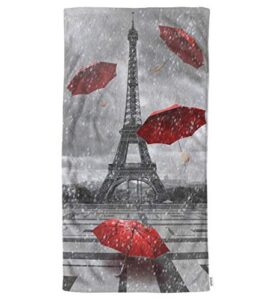 ofloral eiffel tower with flying umbrellas hand towels cotton washcloths,romantic france pairs rainy black and white red soft towels for bathroom/yoga/golf/hair/face towel for men/women 15x30 inch