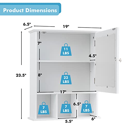 Tangkula Wall-Mounted Bathroom Cabinet, 2-in-1 Storage Organizer with Mirror Door, Wall-Mounted Medicine Cabinet with Adjustable Shelf & 3 Open Compartments for Bathroom, Living Room, Entryway