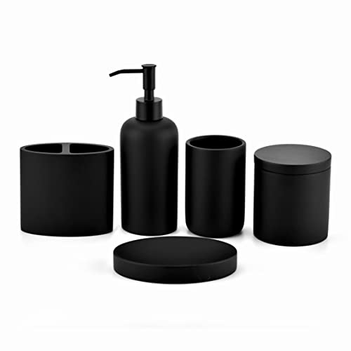 Rzoeox Bathroom Accessories Set Matte Black 5 Pcs, Resin Bathroom Sets Accessories Modern with Soap Dispenser, Cotton Swab Canister, Toothbrush Holder, Toothbrush Cup,Soap Dish (Matte Black)