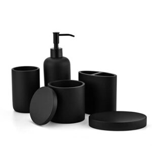 rzoeox bathroom accessories set matte black 5 pcs, resin bathroom sets accessories modern with soap dispenser, cotton swab canister, toothbrush holder, toothbrush cup,soap dish (matte black)