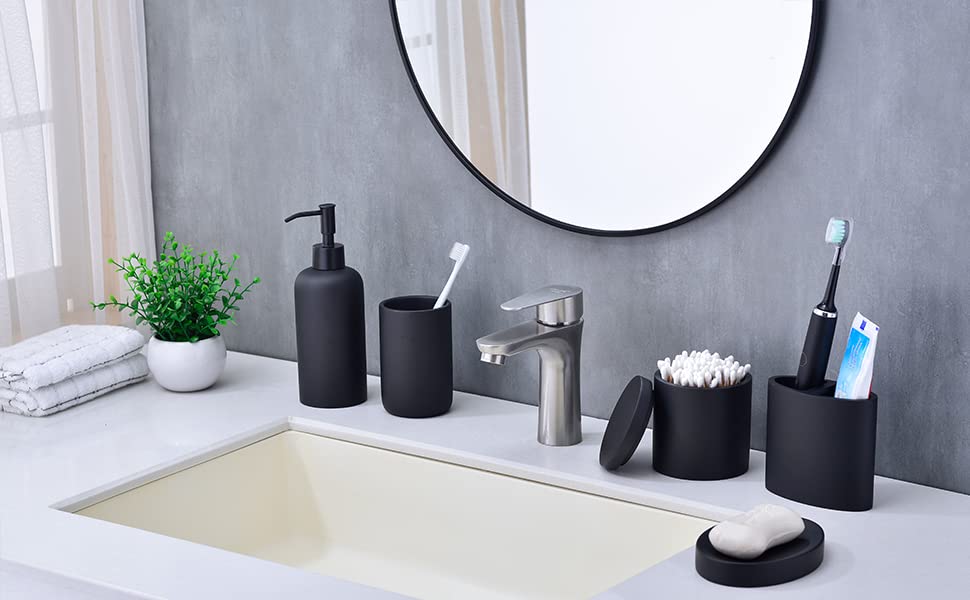 Rzoeox Bathroom Accessories Set Matte Black 5 Pcs, Resin Bathroom Sets Accessories Modern with Soap Dispenser, Cotton Swab Canister, Toothbrush Holder, Toothbrush Cup,Soap Dish (Matte Black)