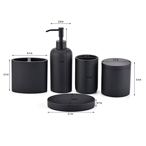 Rzoeox Bathroom Accessories Set Matte Black 5 Pcs, Resin Bathroom Sets Accessories Modern with Soap Dispenser, Cotton Swab Canister, Toothbrush Holder, Toothbrush Cup,Soap Dish (Matte Black)