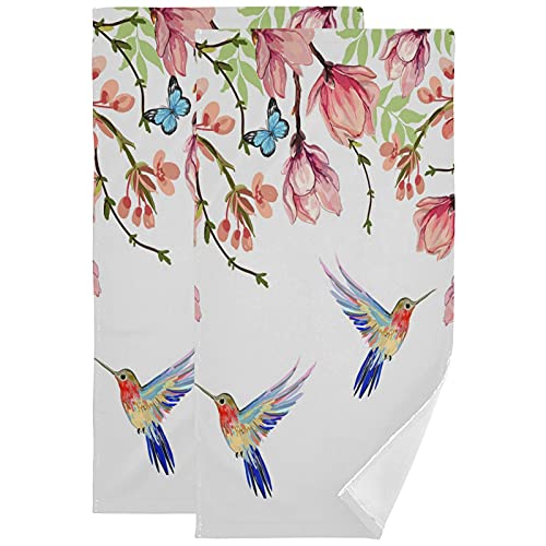 Tropical Flowers Butterflies Hummingbird Hand Towels Set of 2 Bathroom Towel 16x30 in Soft Absorbent Guest Bath Towel Kitchen Dish Towel Spa Home Bathroom Decorations