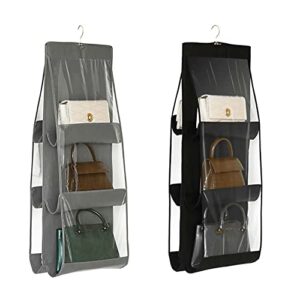 kamuavni 2 pack handbag hanging organizer,thickened non-woven fabric+pvc pockets hanging purse organizer handbag storage hanger organizer,wardrobe closet space saving organizers (black+grey)