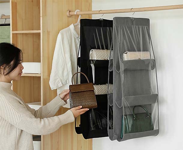 kamuavni 2 Pack Handbag Hanging Organizer,Thickened Non-Woven Fabric+PVC Pockets Hanging Purse Organizer Handbag Storage Hanger Organizer,Wardrobe Closet Space Saving Organizers (Black+Grey)