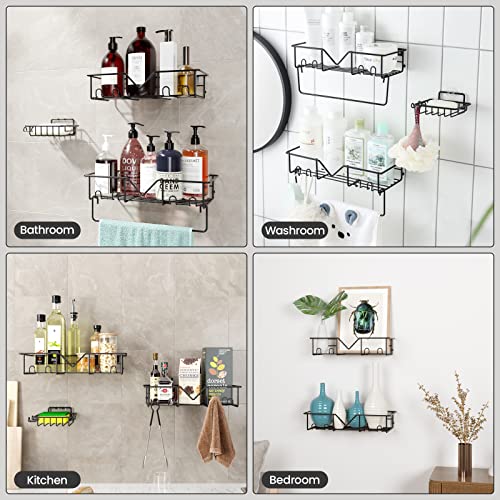 FELOOW Shower Shelf Organizer with Soap Holder Towel Bar,3 Pack No Drilling Traceless Adhesive Bathroom Storage Basket,SUS304 Stainless Steel Wall Mounted Rack for Bathroom Kitchen (Black-3Pack)