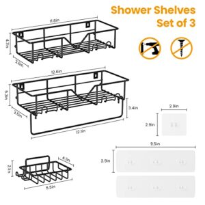 FELOOW Shower Shelf Organizer with Soap Holder Towel Bar,3 Pack No Drilling Traceless Adhesive Bathroom Storage Basket,SUS304 Stainless Steel Wall Mounted Rack for Bathroom Kitchen (Black-3Pack)