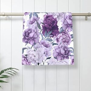 VARUN Long Hand Towels Purple Flowers with Green Leaves Ultra Soft Towel Seamless Floral Pattern Art Painting Absorbent Luxury Towels for Bathroom Hotel Gym and Spa 27.5x15.7in