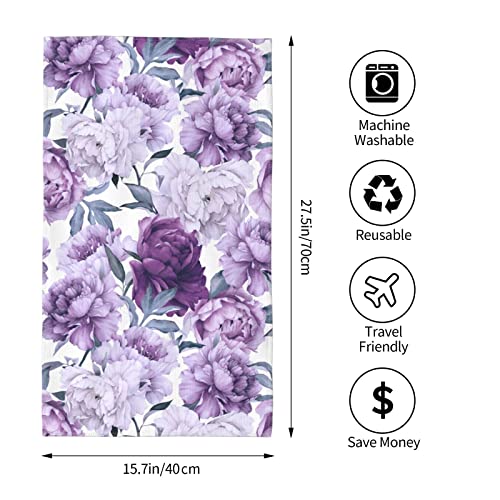 VARUN Long Hand Towels Purple Flowers with Green Leaves Ultra Soft Towel Seamless Floral Pattern Art Painting Absorbent Luxury Towels for Bathroom Hotel Gym and Spa 27.5x15.7in