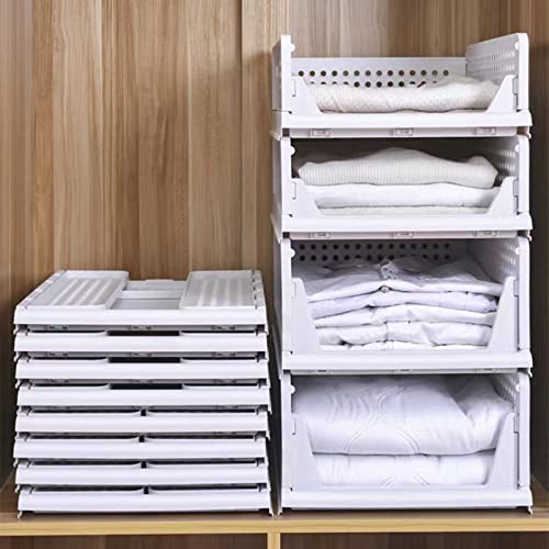 4-Pack Foldable Wardrobe Storage Box,Stackable Clothes Drawer Organizer,Closet Container Bin,Plastic Closet Organizer Basket,Collapsible Large Capacity Shelves Storage Bin for Office, Kitchen, Bedroom(White)