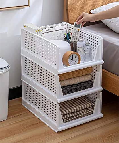 4-Pack Foldable Wardrobe Storage Box,Stackable Clothes Drawer Organizer,Closet Container Bin,Plastic Closet Organizer Basket,Collapsible Large Capacity Shelves Storage Bin for Office, Kitchen, Bedroom(White)