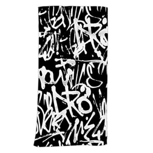 swono black white hand towel cotton washcloths,graffiti with abstract tags letters comfortable soft towels for bathroom spa gym yoga beach kitchen,hand towel 15x30 inch