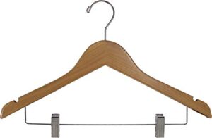 petite natural wooden combo skirt hanger with clips in 15" length x 7/16" thick & chrome hardware, box of 25