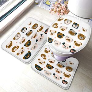 Moslion Cartoon Pug Puppies Bath Mat Dog Funny Lovely Animal Cute Face Smile Tongue Expression Bathroom Mat 3 Piece Set Non-Slip Bathmat Antiskid Pad Doormat and Toilet Lid Cover Set