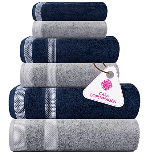 CASA COPENHAGEN Solitaire Designed in Denmark 600 GSM 2 Bath Towels 2 Hand Towels 2 Washcloths, Super Soft Egyptian Cotton 6 Towels Set for Bathroom, Kitchen & Shower - Grey Violet + Navy Blue