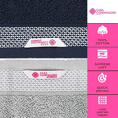 CASA COPENHAGEN Solitaire Designed in Denmark 600 GSM 2 Bath Towels 2 Hand Towels 2 Washcloths, Super Soft Egyptian Cotton 6 Towels Set for Bathroom, Kitchen & Shower - Grey Violet + Navy Blue