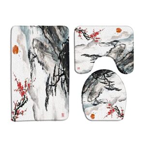 3 piece asian decor bathroom mats set red plum blossom floral branch tree japanese chinese oriental sun misty mountains ink spring scenery bathroom mat toilet contour mat lid cover non-slip bath mat .