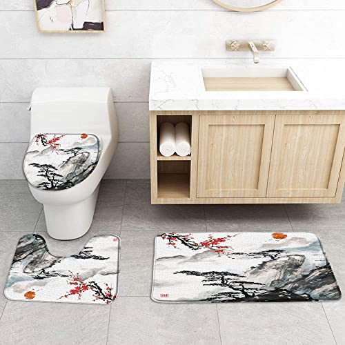 3 Piece Asian Decor Bathroom Mats Set Red Plum Blossom Floral Branch Tree Japanese Chinese Oriental Sun Misty Mountains Ink Spring Scenery Bathroom Mat Toilet Contour Mat Lid Cover Non-Slip Bath Mat .