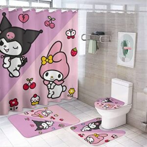 fmsnupz 4PCS Anime Shower Curtain Set, Cute Bathroom Decor with Non-Slip Rugs, Toilet Lid Cover and Bath Mat, Waterproof Fabric Shower Curtains with 12 Hooks, 70.8"x70.8"