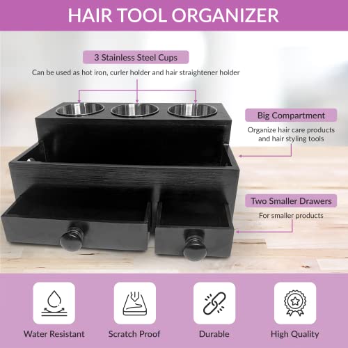 Hair Tool Organizer, Makeup Organizer, Gloss Black Wooden Hair Dryer Holder, Bathroom Countertop Blow Dryer Holder with Two Draws, Vanity Caddy Storage Stand for Accessories, Makeup, Toiletries