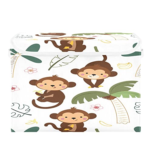 Krafig Cartoon Animal Monkey Foldable Storage Box Large Cube Organizer Bins Containers Baskets with Lids Handles for Closet Organization, Shelves, Clothes, Toys