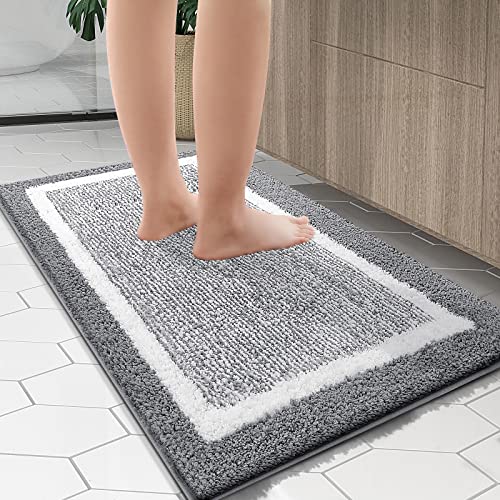 OLANLY Bathroom Rugs, Extra Soft and Absorbent Microfiber Bath Mat, Non-Slip, Machine Washable, Quick Dry Shaggy Bath Carpet, Suitable for Bathroom Floor, Tub, Shower (Grey and White, 24 x 16 Inches)