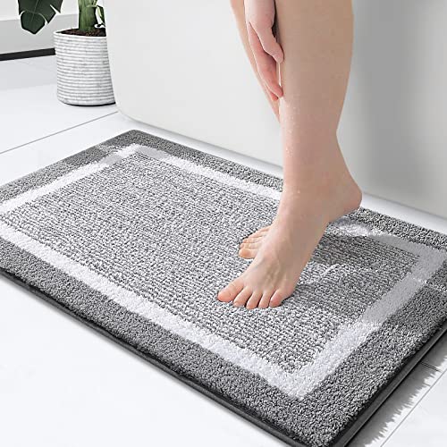 OLANLY Bathroom Rugs, Extra Soft and Absorbent Microfiber Bath Mat, Non-Slip, Machine Washable, Quick Dry Shaggy Bath Carpet, Suitable for Bathroom Floor, Tub, Shower (Grey and White, 24 x 16 Inches)