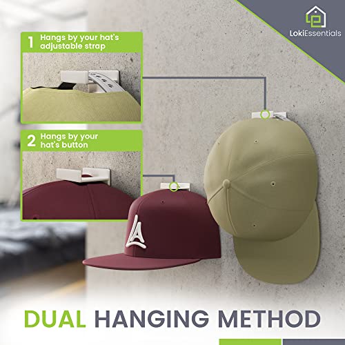 LokiEssentials Adhesive Hat Rack Display Hooks for Wall & Door (12 Pack) Baseball Cap Holder, Closet & Storage Organizer, Strong Cap Hanger for Room & Mancave, No Drilling, USA Patent Pending (White)