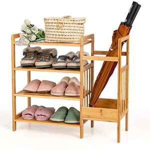 LUARANE 4-Tier Shoe Rack with Umbrella Stand, Free Standing Entryway Organizer with Bamboo Frame, Multifunctional Shoe Shelf for Entryway Hallway Living Room Staircase