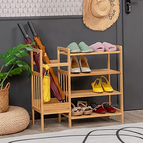 LUARANE 4-Tier Shoe Rack with Umbrella Stand, Free Standing Entryway Organizer with Bamboo Frame, Multifunctional Shoe Shelf for Entryway Hallway Living Room Staircase