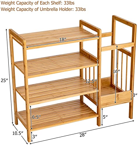 LUARANE 4-Tier Shoe Rack with Umbrella Stand, Free Standing Entryway Organizer with Bamboo Frame, Multifunctional Shoe Shelf for Entryway Hallway Living Room Staircase