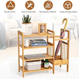 LUARANE 4-Tier Shoe Rack with Umbrella Stand, Free Standing Entryway Organizer with Bamboo Frame, Multifunctional Shoe Shelf for Entryway Hallway Living Room Staircase