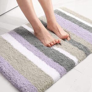 buganda microfiber striped bathroom rugs bath mat, extra thick, soft and shaggy, absorbent, machine washable, anti-slip bath rugs for bathroom, tub and shower, 24x16, purple-grey