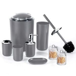 grey bathroom accessories set 8 piece,toothbrush holder cup soap dish lotion or soap dispenser trash can toilet brush holder cotton swab box bath set for decorative countertop and housewarming gift