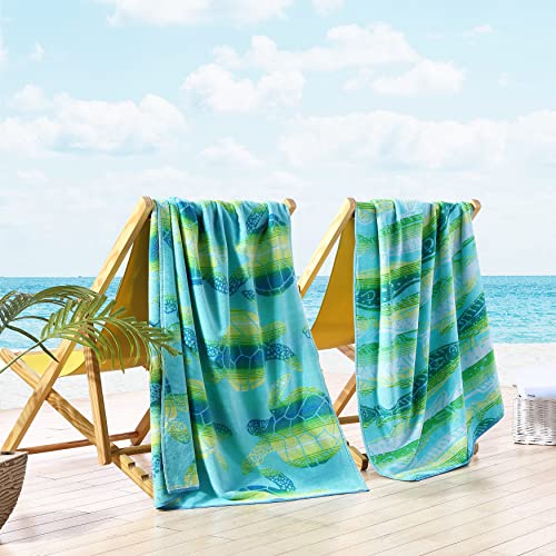 Tommy Bahama - Beach Towel Set, Soft Cotton Terry Beach Essentials, Highly Absorbent & Fade Resistant (Ombre Fish/Ombre Turtle Green, 2 Piece)