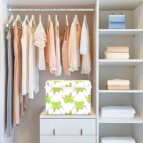 Krafig Cartoon Frogs Foldable Storage Box Large Cube Organizer Bins Containers Baskets with Lids Handles for Closet Organization, Shelves, Clothes, Toys