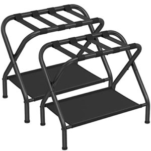 songmics luggage racks, set of 2, suitcase stand with fabric storage shelf, for guest room, bedroom, hotel, foldable steel frame, holds up to 110 lb, 27.2 x 15 x 20.5 inches, black urlr002b02