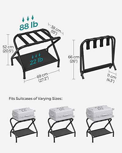 SONGMICS Luggage Racks, Set of 2, Suitcase Stand with Fabric Storage Shelf, for Guest Room, Bedroom, Hotel, Foldable Steel Frame, Holds up to 110 lb, 27.2 x 15 x 20.5 Inches, Black URLR002B02