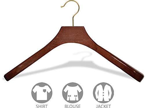 Deluxe Wooden Coat Hanger with Walnut Finish and Brass Swivel Hook, Large Contoured Jacket Hanger with 2 Inch Wide Shoulders (Set of 12) by The Great American Hanger Company