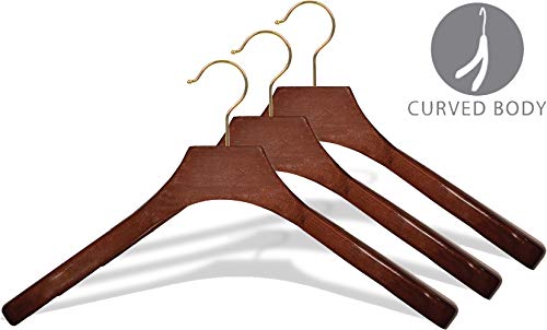 Deluxe Wooden Coat Hanger with Walnut Finish and Brass Swivel Hook, Large Contoured Jacket Hanger with 2 Inch Wide Shoulders (Set of 12) by The Great American Hanger Company