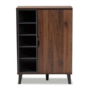 pemberly row mid-century modern two-tone walnut brown and grey finished wood 1-door shoe cabinet