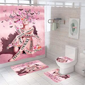 vivianbuy 4 pcs pink lady african american bathroom shower curtain sets with rugs toilet lid cover and bath mat,black women bathroom set with waterproof fabric bathroom curtain and 12 hooks