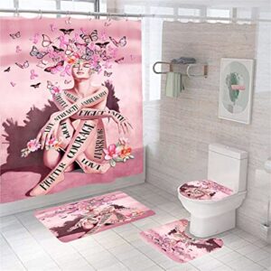 Vivianbuy 4 Pcs Pink Lady African American Bathroom Shower Curtain Sets with Rugs Toilet Lid Cover and Bath Mat,Black Women Bathroom Set with Waterproof Fabric Bathroom Curtain and 12 Hooks