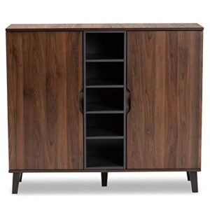 pemberly row mid-century modern two-tone walnut brown and grey finished wood 2-door shoe cabinet