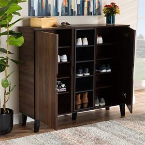 Pemberly Row Mid-Century Modern Two-Tone Walnut Brown and Grey Finished Wood 2-Door Shoe Cabinet