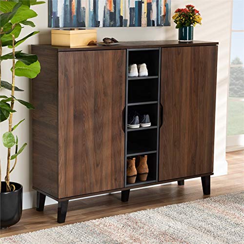 Pemberly Row Mid-Century Modern Two-Tone Walnut Brown and Grey Finished Wood 2-Door Shoe Cabinet