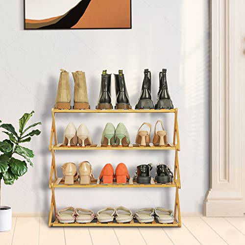 MoNiBloom Foldable Storage Free Standing Shoes Shelf, Bamboo Multifunctional 4-Tier Shoe Organizer for 16-20 Pairs Entryway, Hallway, Corridor, Natural